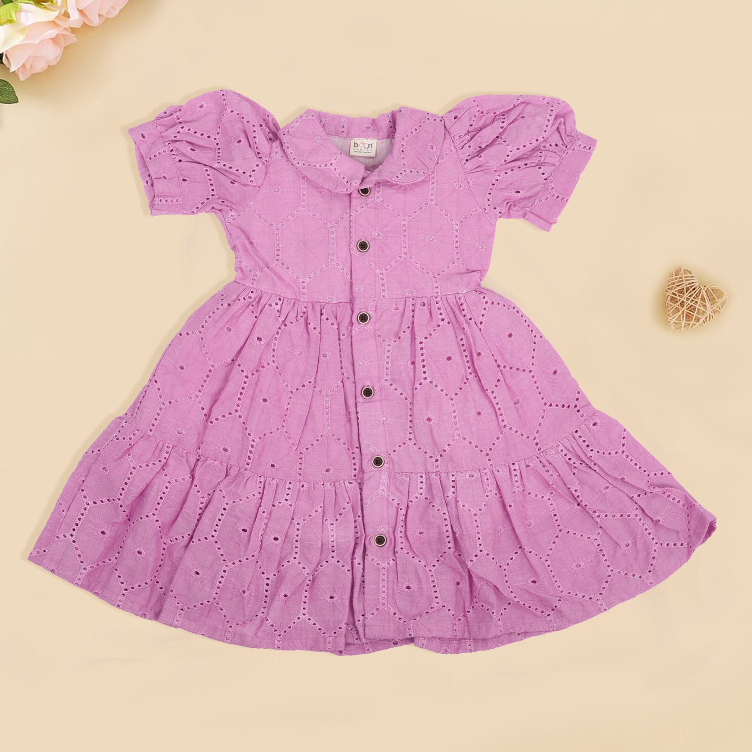 Lavender Cotton Baby Frock with Hexagon Hakoba Embroidery