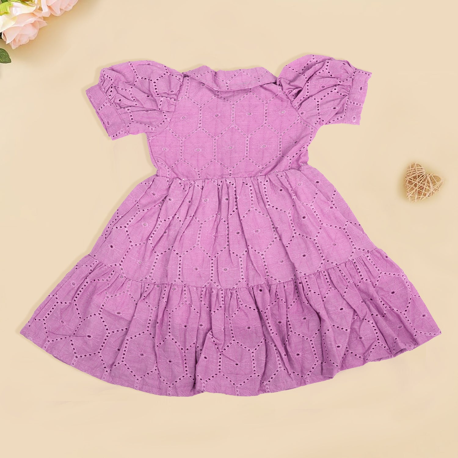 Lavender Cotton Baby Frock with Hexagon Hakoba Embroidery