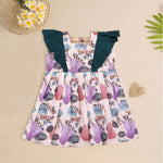 Girls pastel digital printed slub cotton frock with front ruffle frills (1–4Y). Stylish, breathable & perfect for festive and casual wear.