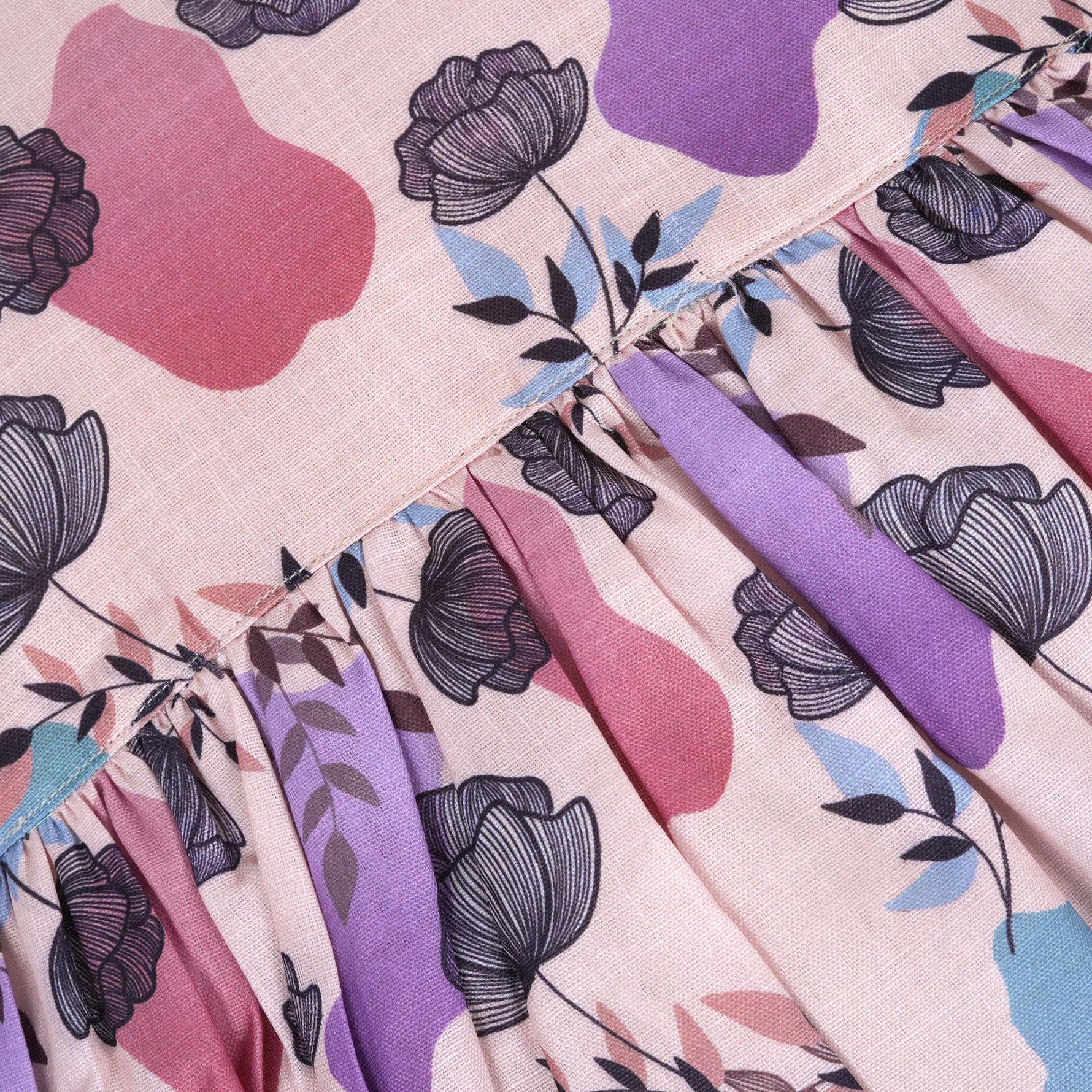 Sleeveless frock for girls aged 1 to 4 years in slub cotton, featuring abstract floral pastel print in lavender, pink, blue, and beige – from Boon Babies, Coimbatore.
