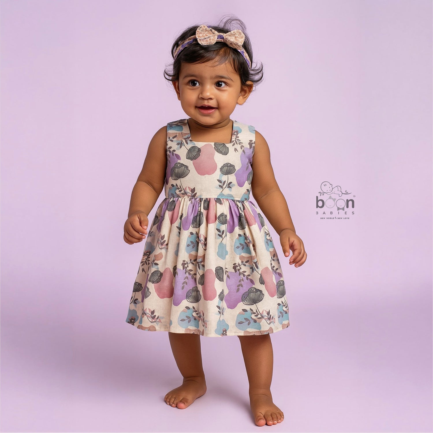 Sleeveless frock for girls aged 1 to 4 years in slub cotton, featuring abstract floral pastel print in lavender, pink, blue, and beige – from Boon Babies, Coimbatore.