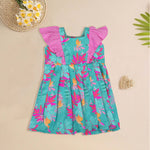 Girls digital printed slub cotton frock with tropical bird & leaf design + ruffle frills (1–4Y). Stylish, comfy & perfect for festive or casual wear.