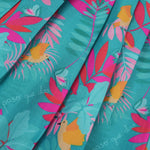 Girls digital printed slub cotton frock with tropical bird & leaf design + ruffle frills (1–4Y). Stylish, comfy & perfect for festive or casual wear.