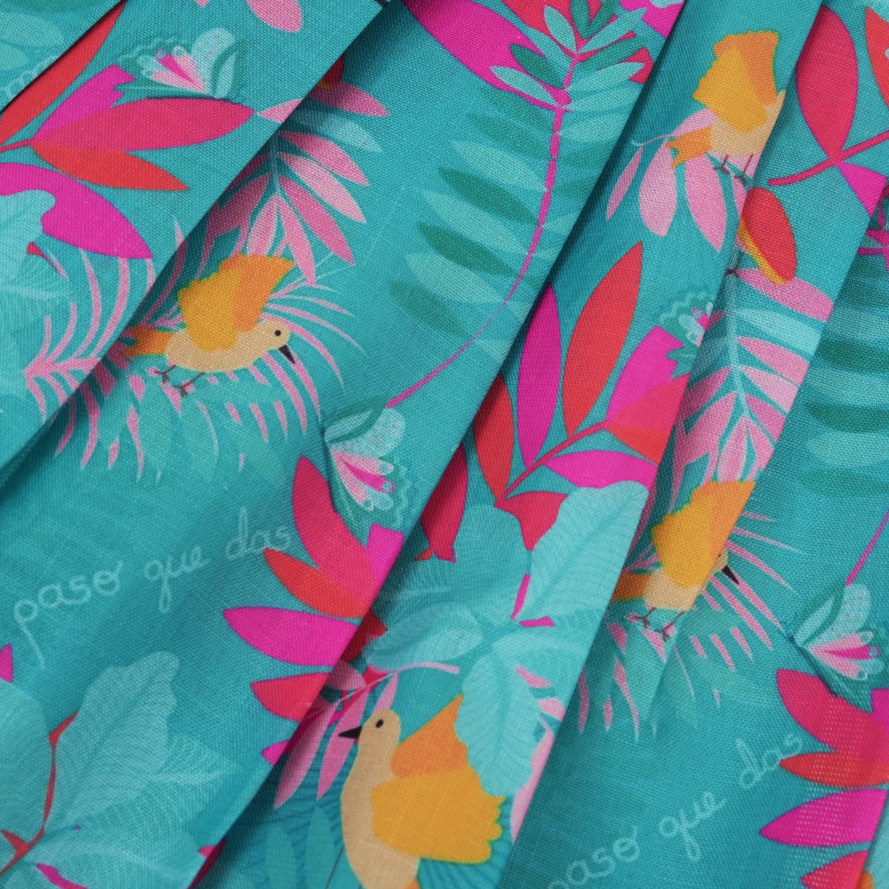 Girls digital printed slub cotton frock with tropical bird & leaf design + ruffle frills (1–4Y). Stylish, comfy & perfect for festive or casual wear.