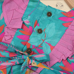 Girls digital printed slub cotton frock with tropical bird & leaf design + ruffle frills (1–4Y). Stylish, comfy & perfect for festive or casual wear.