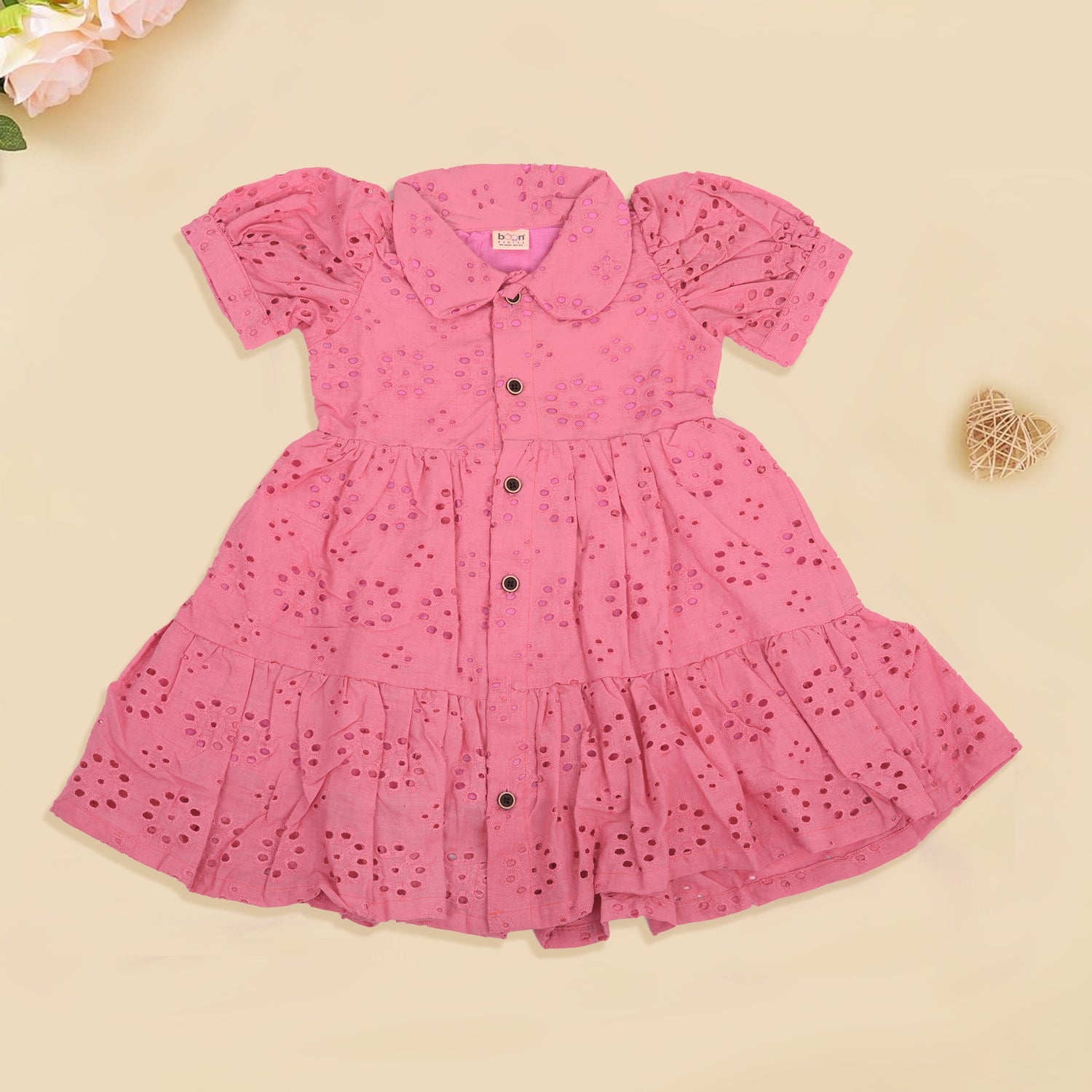 Stylish Pink Hakoba Baby Frock with Eyelet Embroidery