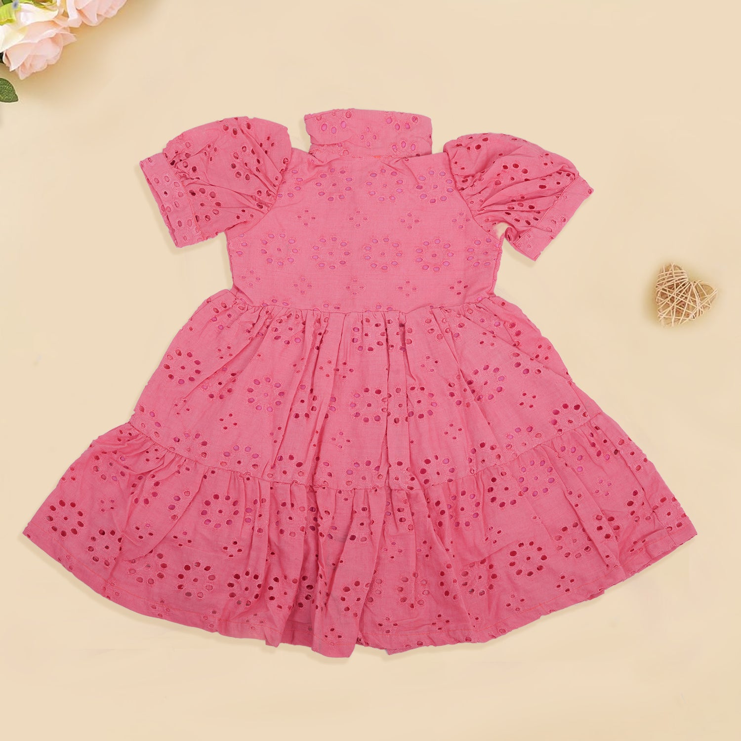 Stylish Pink Hakoba Baby Frock with Eyelet Embroidery