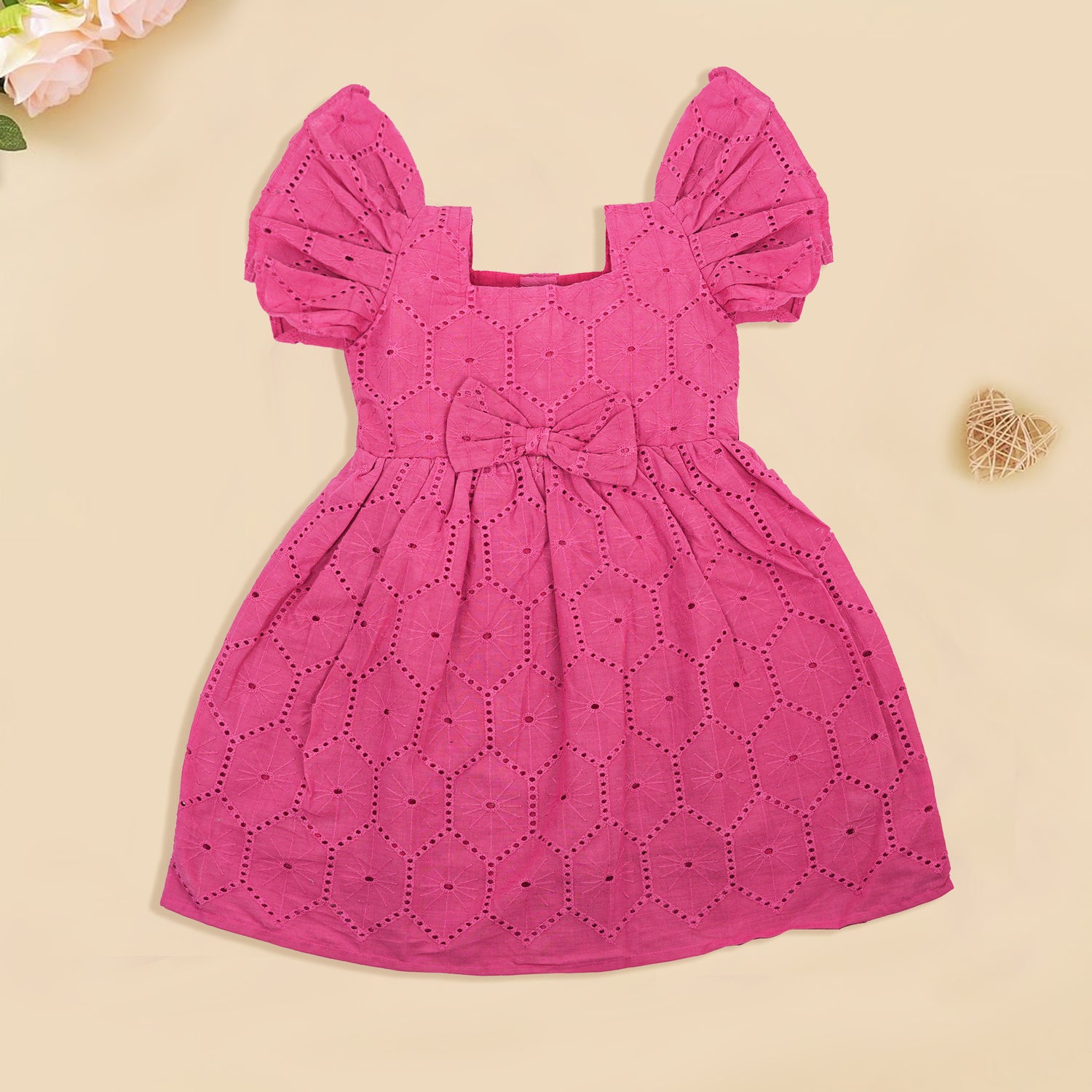 Trendy Pink Hakoba Cotton Frock with Puff Sleeves & Bow
