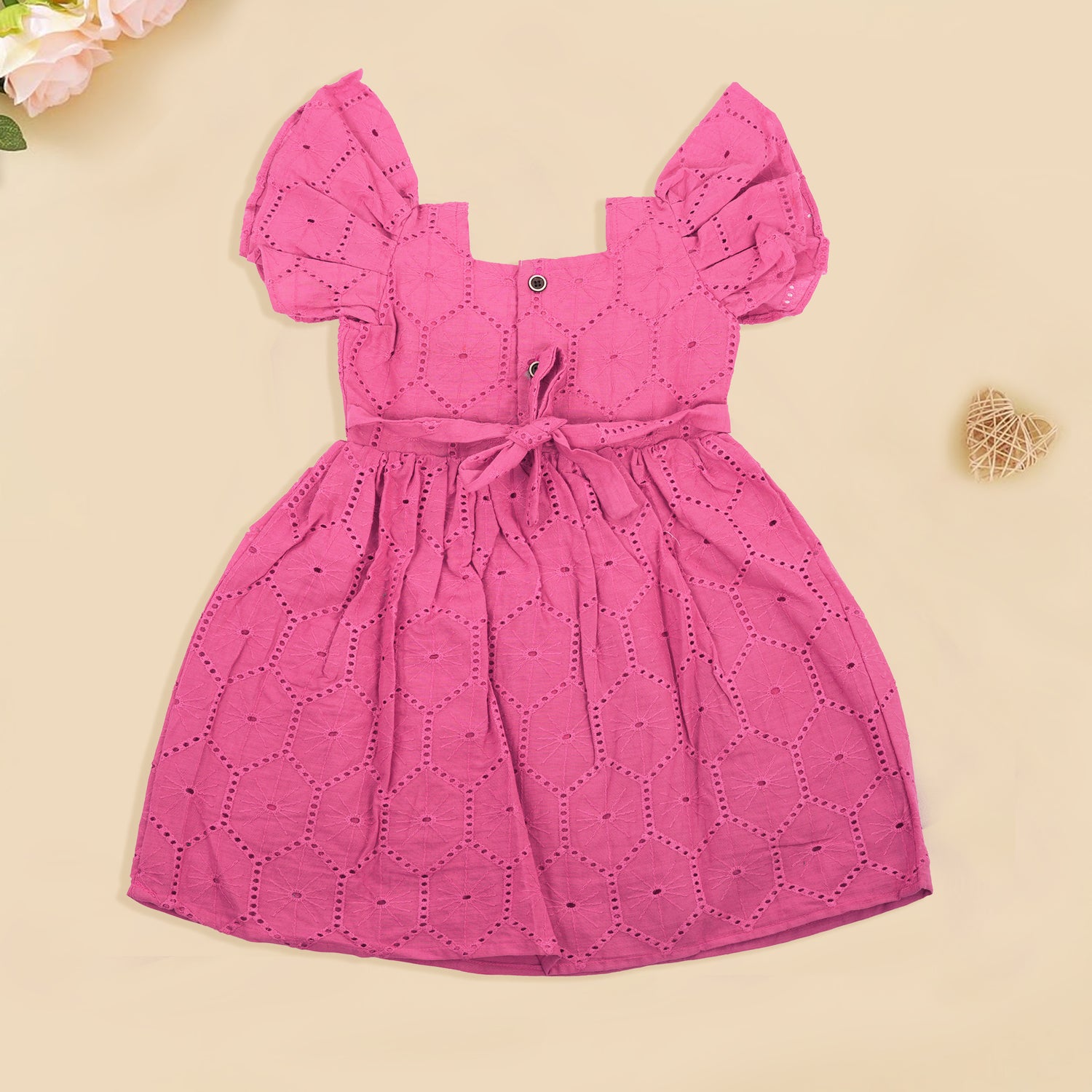 Trendy Pink Hakoba Cotton Frock with Puff Sleeves & Bow