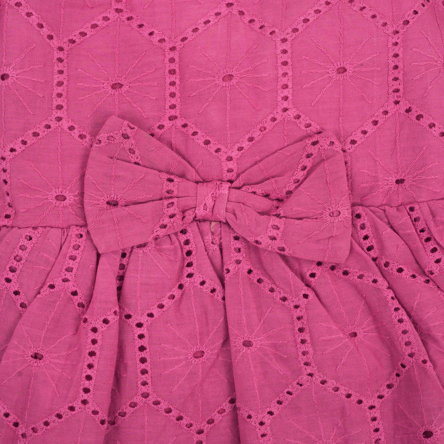 Trendy Pink Hakoba Cotton Frock with Puff Sleeves & Bow