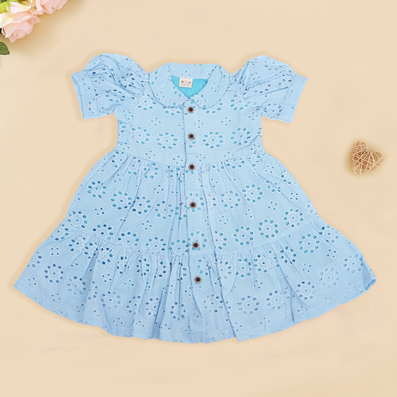 Sky Blue Cotton Baby Frock with Floral Hakoba Embroidery