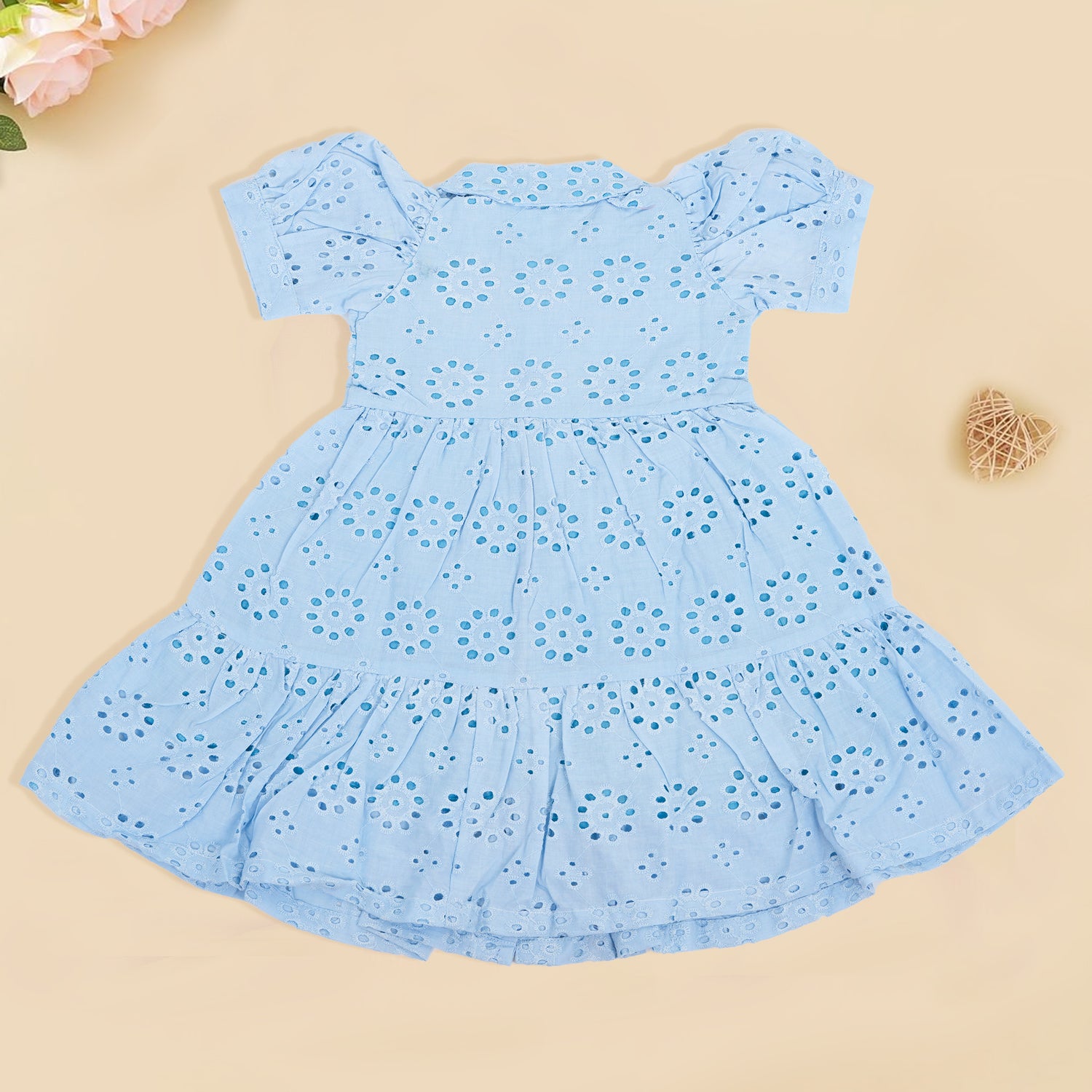 Sky Blue Cotton Baby Frock with Floral Hakoba Embroidery