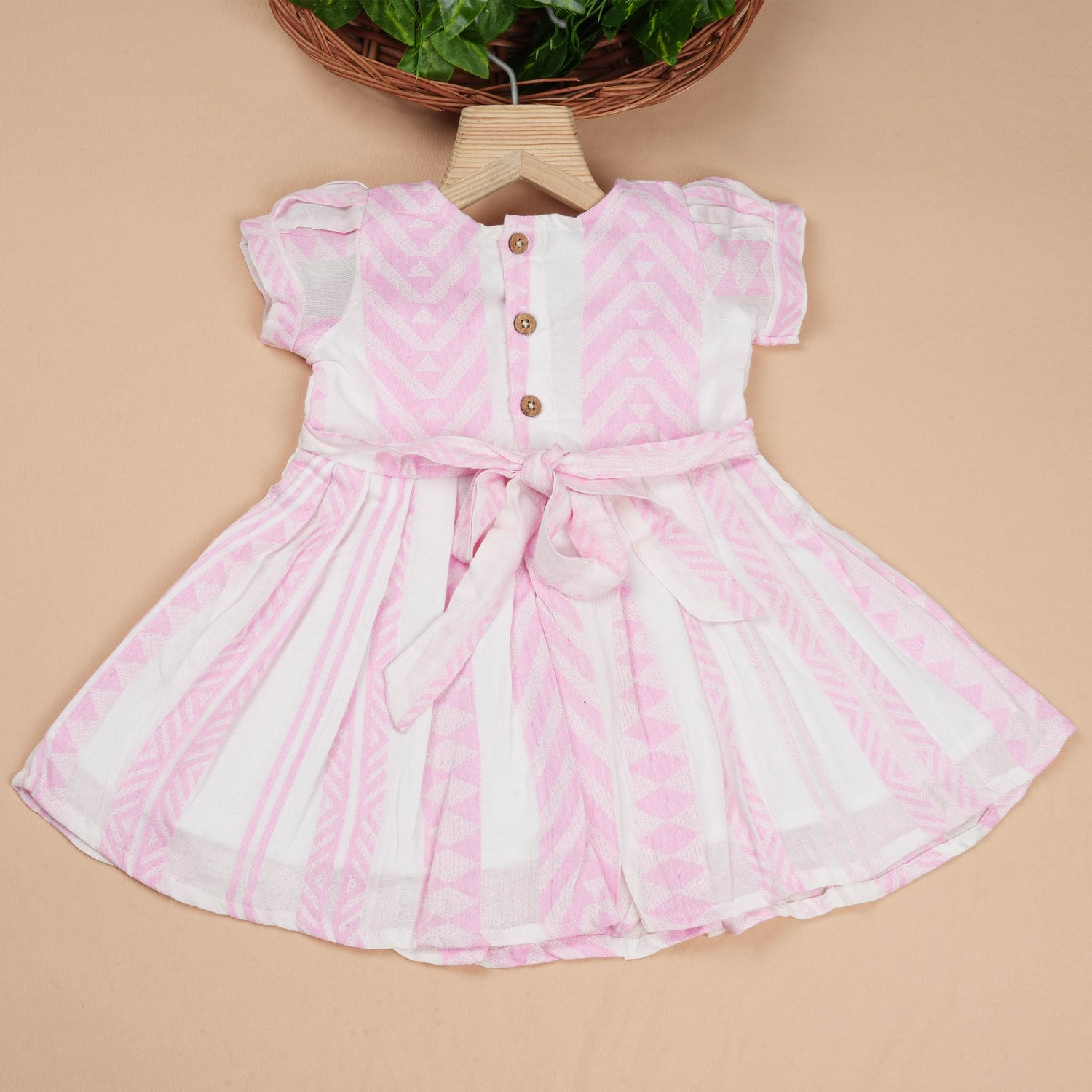 Girls Premium Cotton Casual Bow Frock – Elegant Pink Stripe Pattern