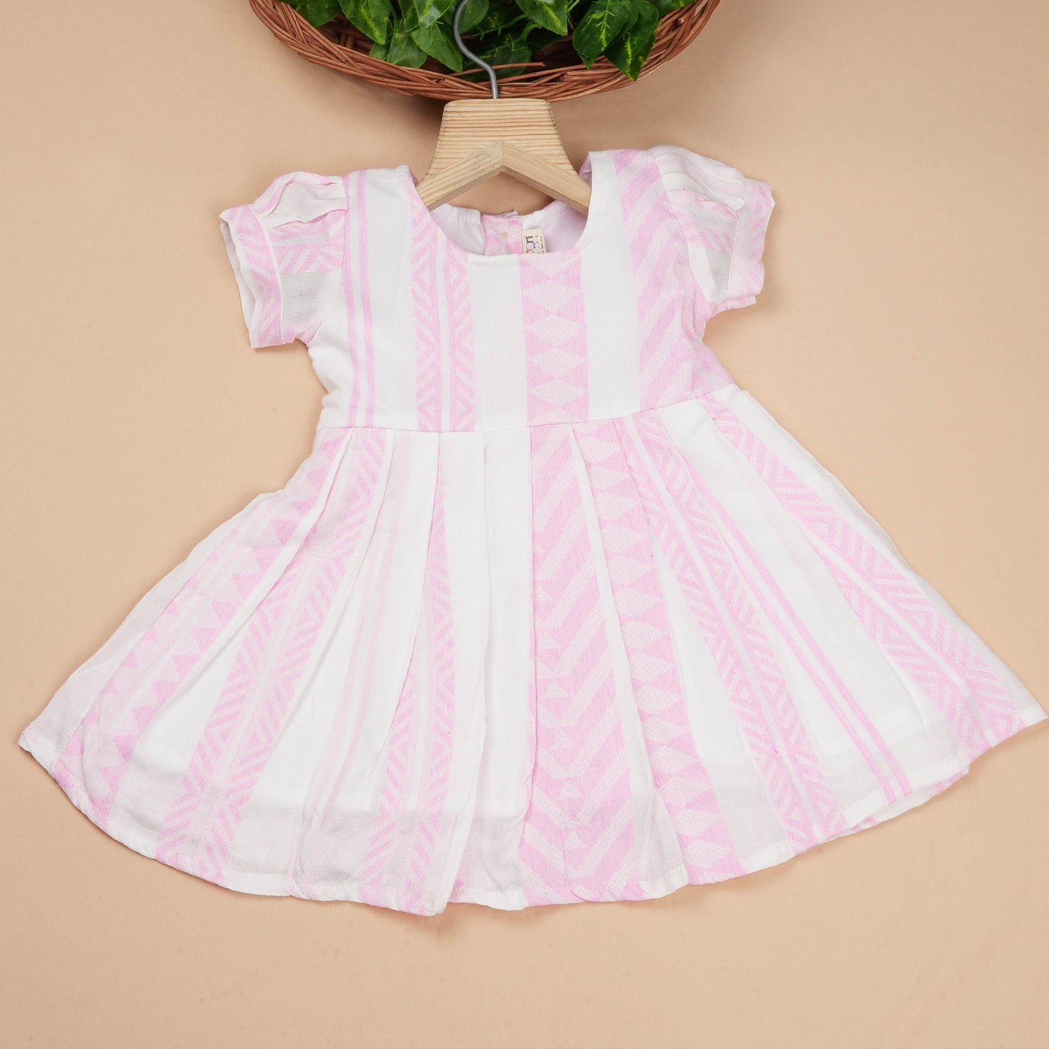 Girls Premium Cotton Casual Bow Frock – Elegant Pink Stripe Pattern