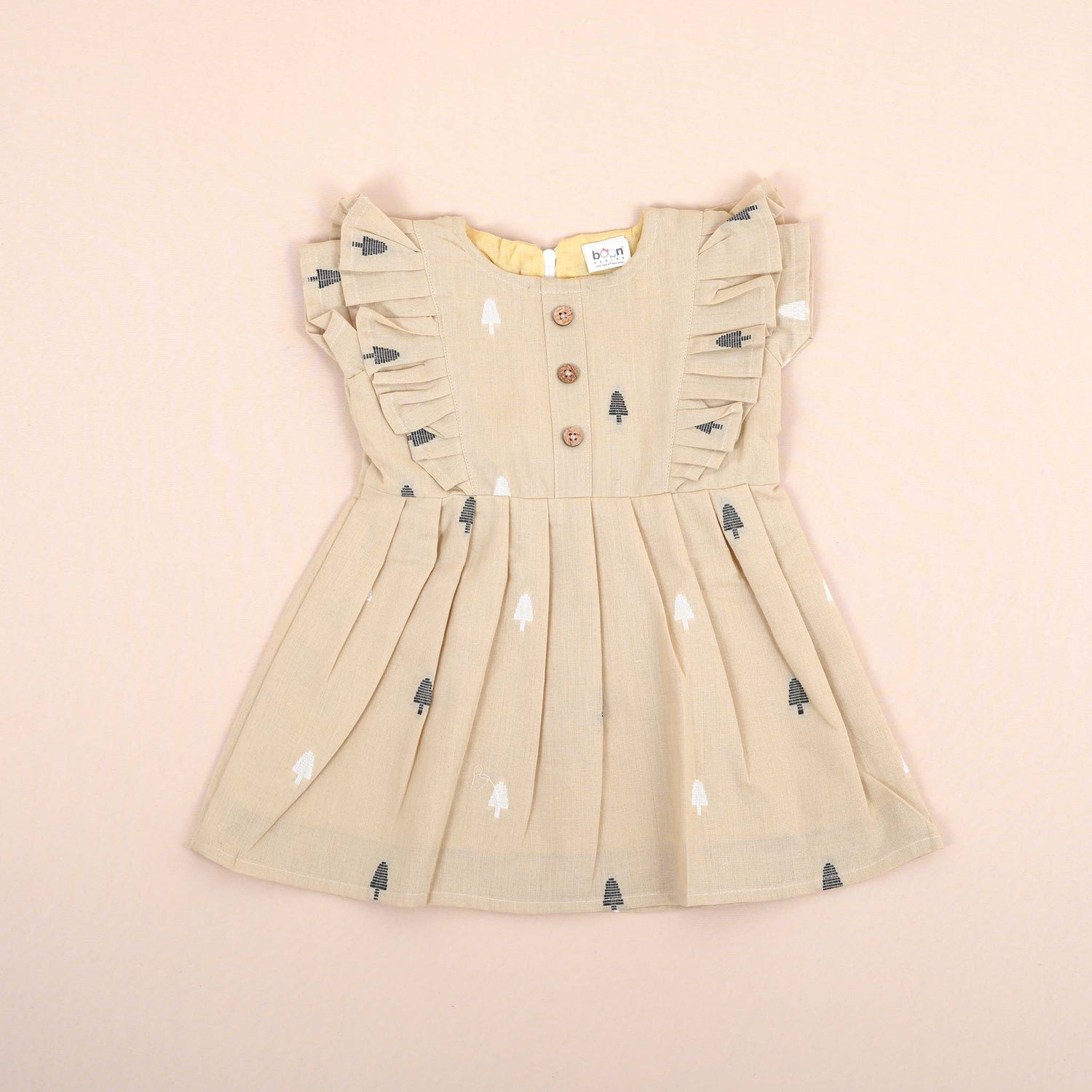 Beige Girls Printed Frock with Ruffle Sleeves and Pleated Skirt