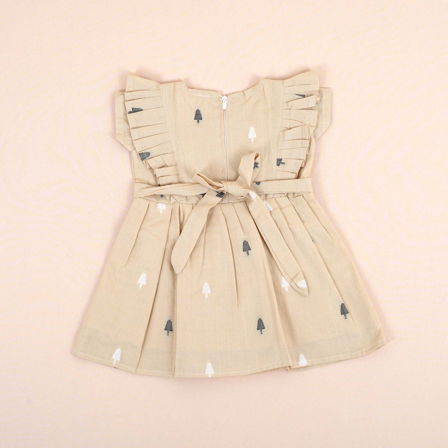 Beige Girls Printed Frock with Ruffle Sleeves and Pleated Skirt