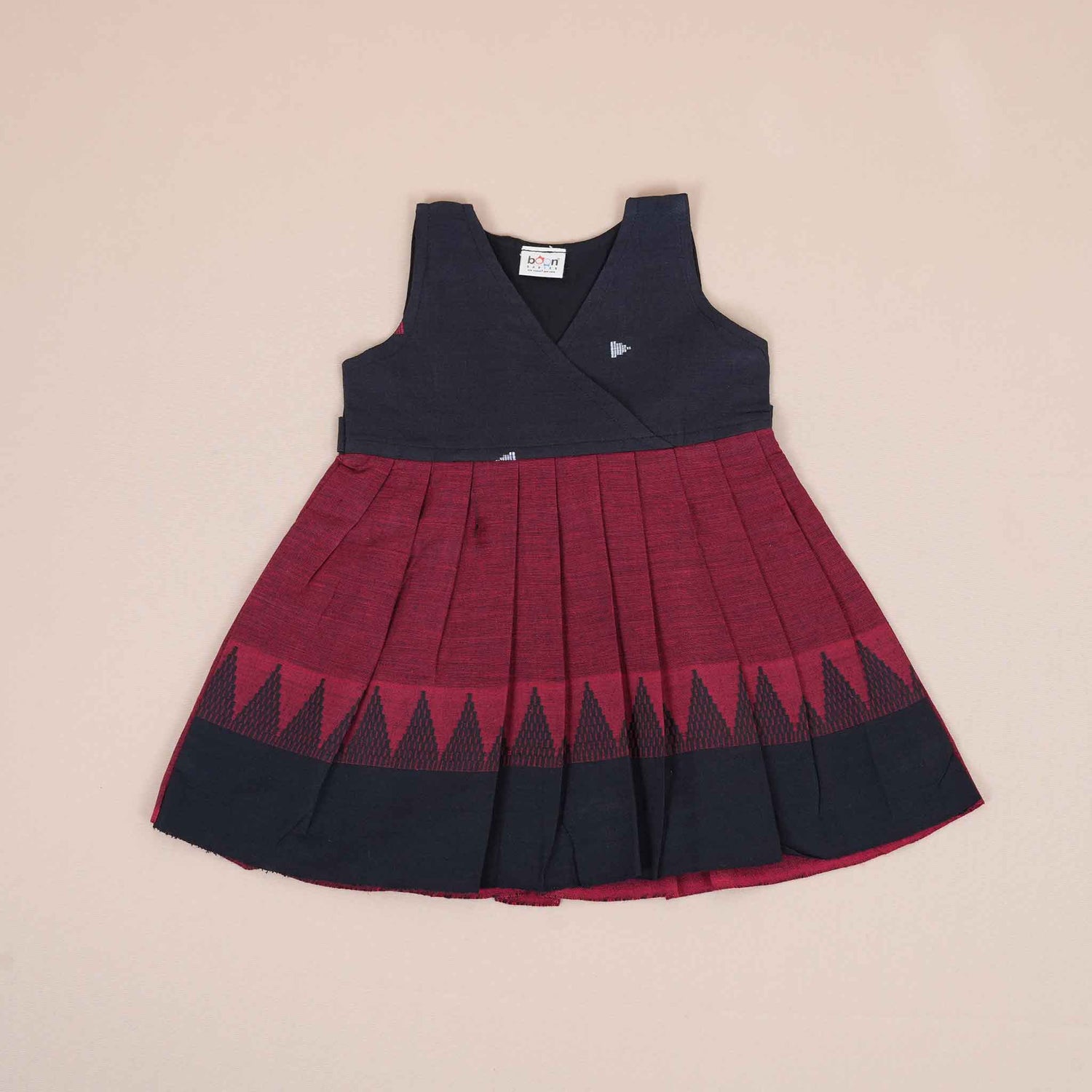 Black & Maroon Cotton Frock for Girls – Ethnic Pleated Dress