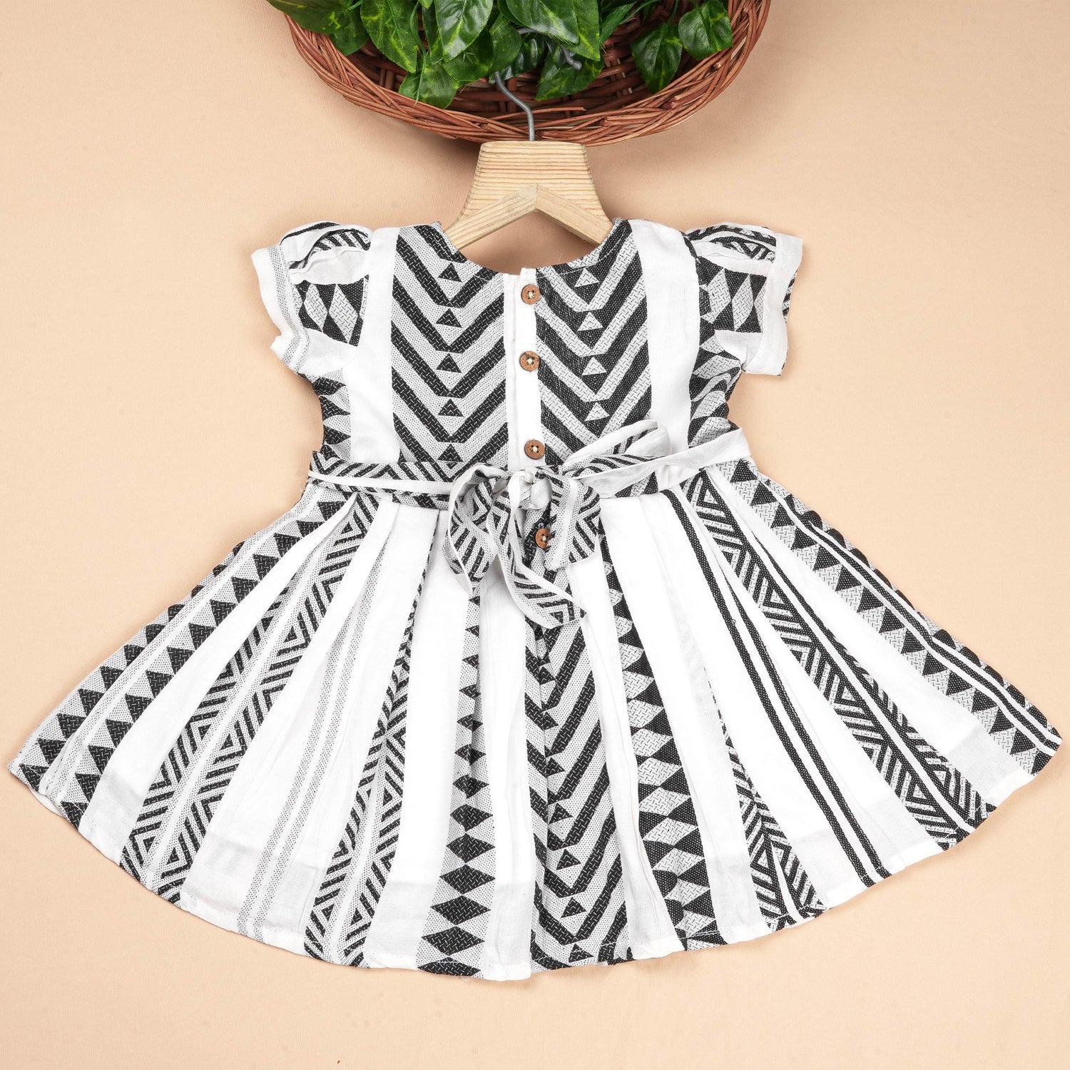 Girls Premium Cotton Casual Bow Frock – Elegant Black & White Stripe Pattern