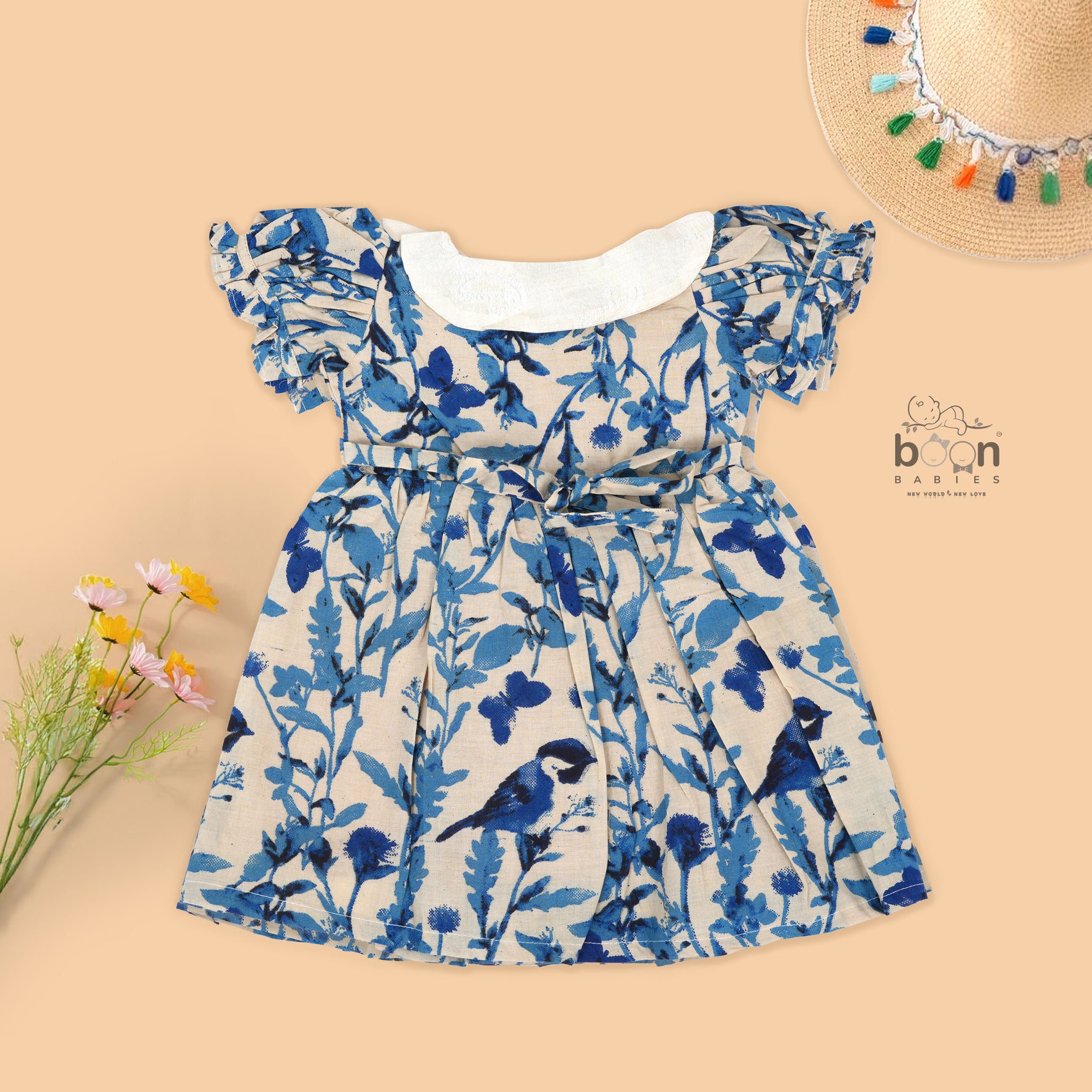 Blue bird print cotton Side Pleated Frock with cream collar & bow. Ages 6M–4Y. Soft, breathable & stylish festive wear for baby girls.