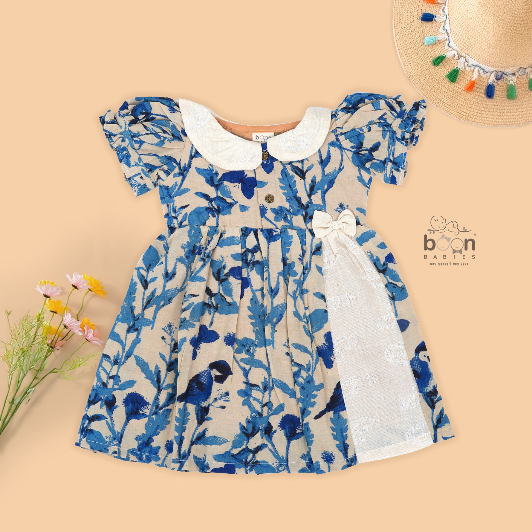 Blue bird print cotton Side Pleated Frock with cream collar & bow. Ages 6M–4Y. Soft, breathable & stylish festive wear for baby girls.