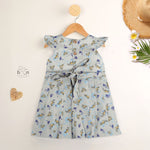 Blue floral cotton frock for girls with ruffle cap sleeves, designed for 6 months to 5 years – from Boon Babies kidswear collection, Coimbatore.
