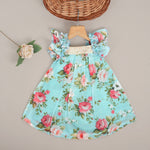 Charming linen baby frock in blue floral print with ruffled sleeves and lace yoke. Available for 6 months to 4 years.
