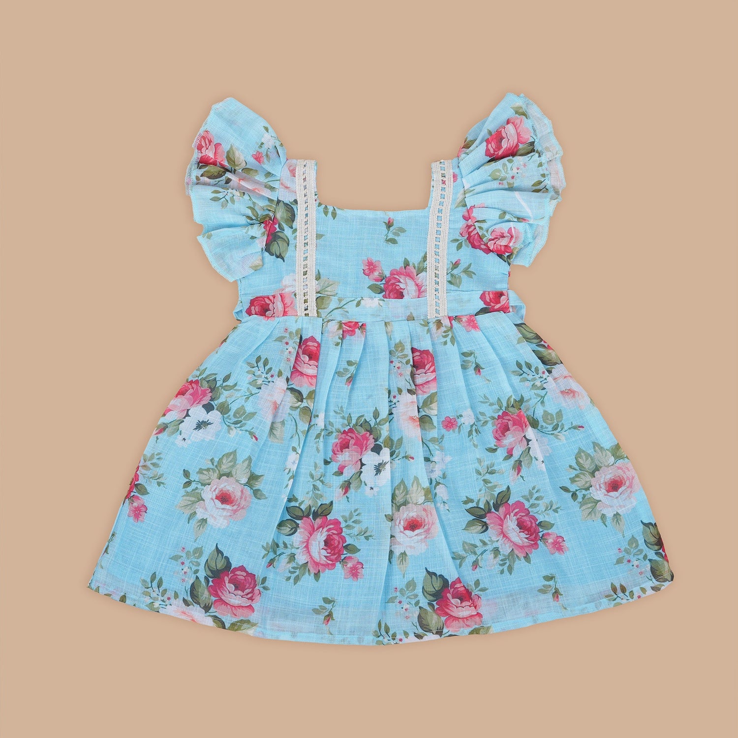Charming Blue Floral Printed Linen Frock for Girls – Ruffle Frill