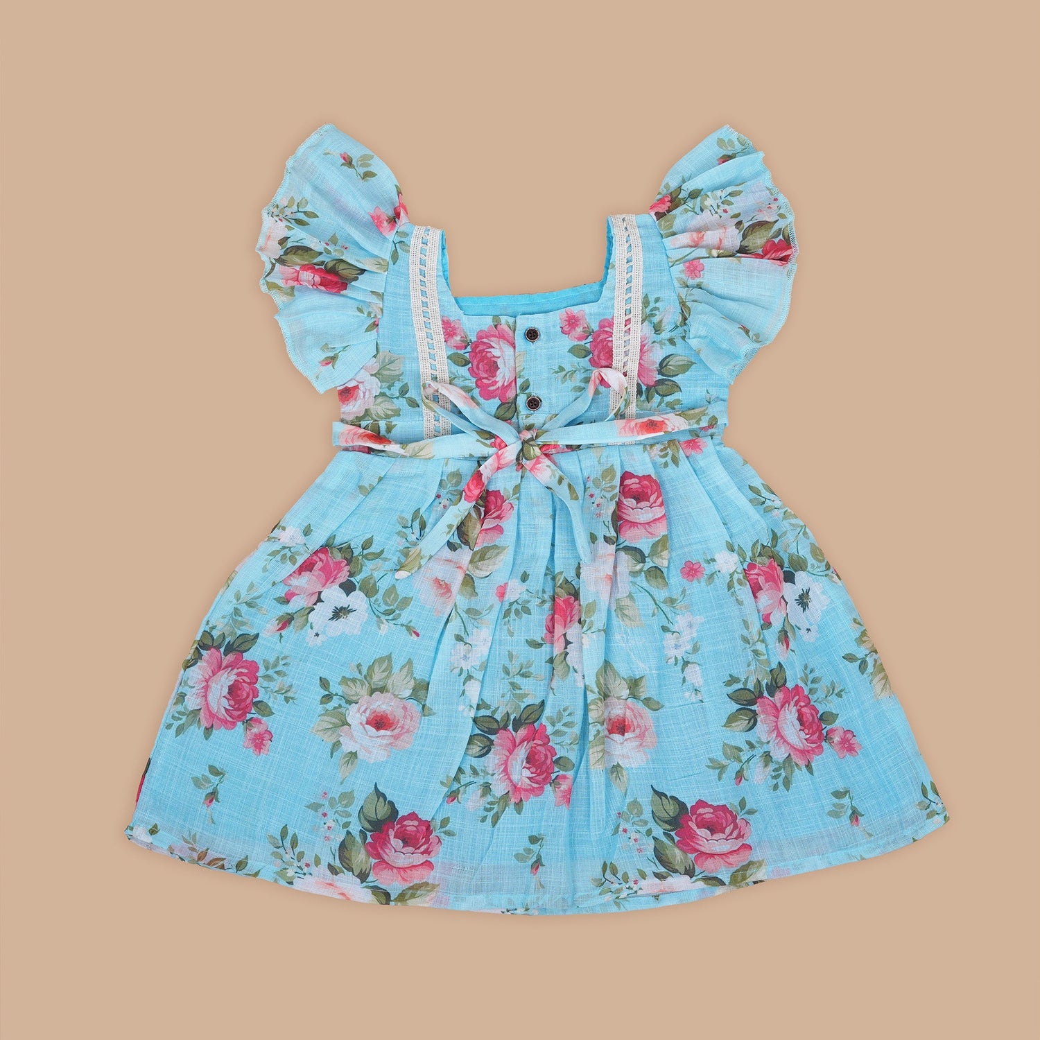 Charming Blue Floral Printed Linen Frock for Girls – Ruffle Frill