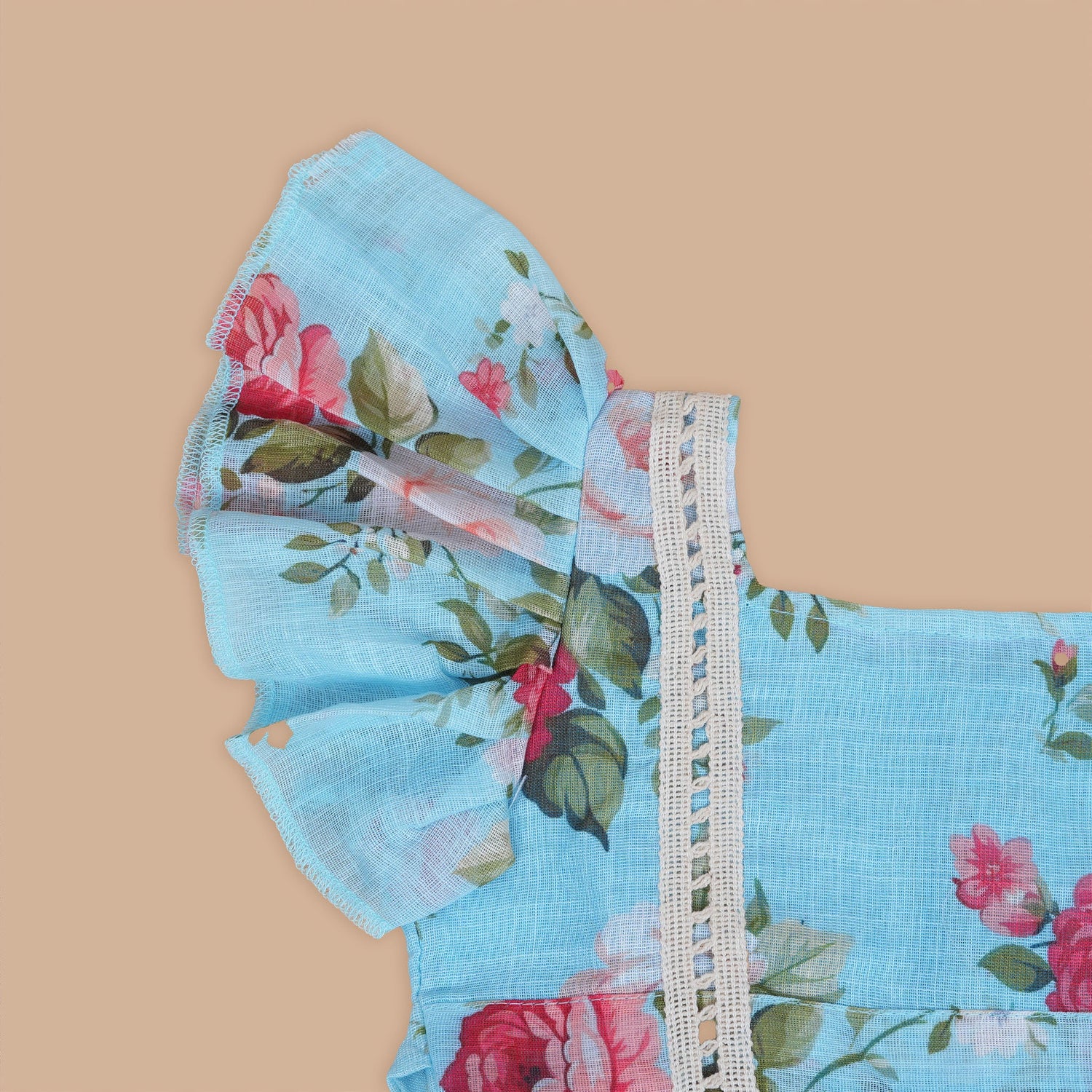 Charming Blue Floral Printed Linen Frock for Girls – Ruffle Frill