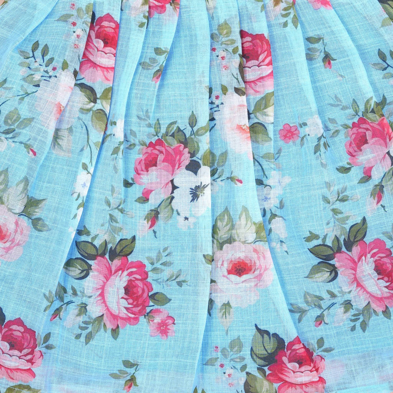 Charming Blue Floral Printed Linen Frock for Girls – Ruffle Frill