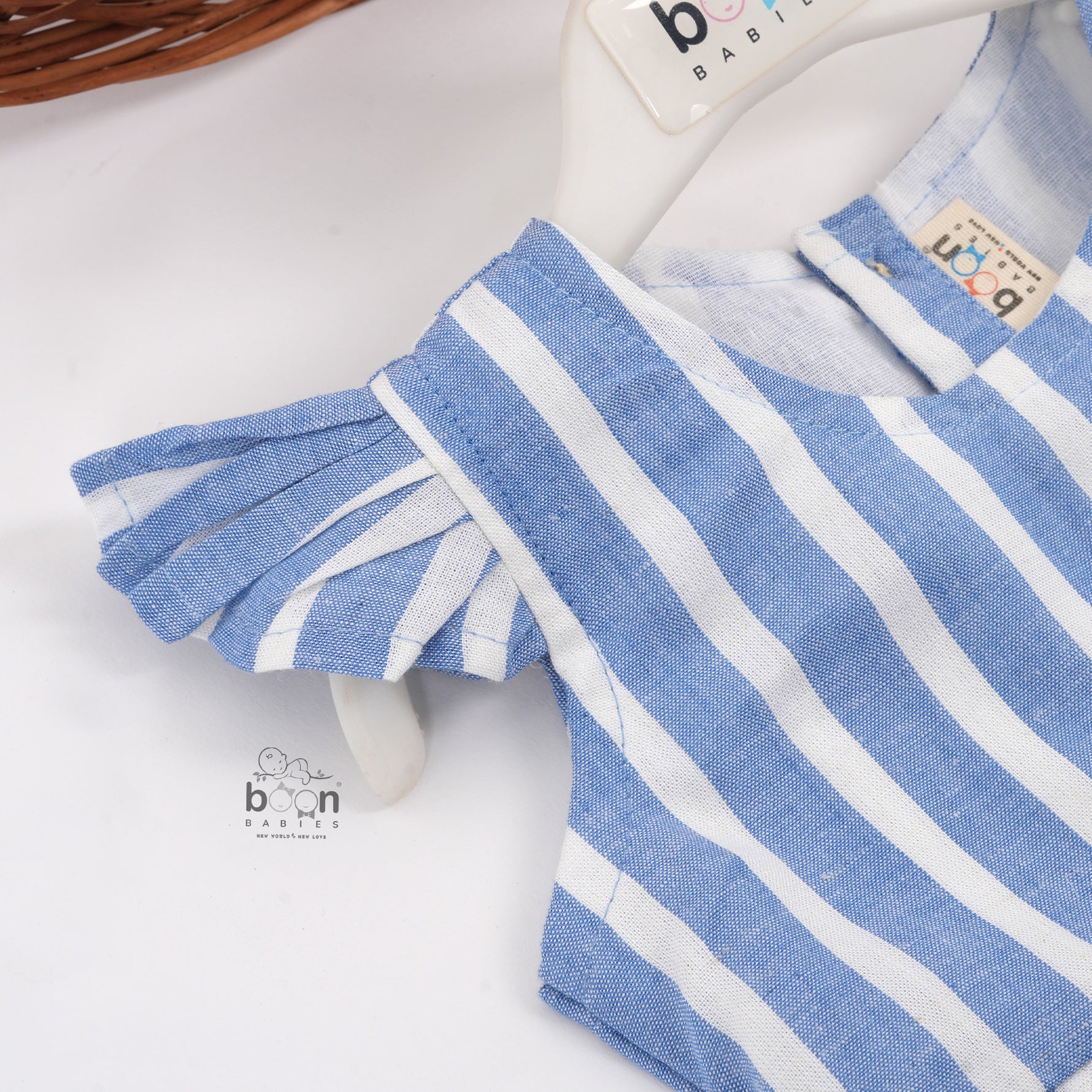 Cool blue & white striped cotton frock with cap sleeves for 6M–5Y girls. Lightweight, breathable, and perfect for sunny days!