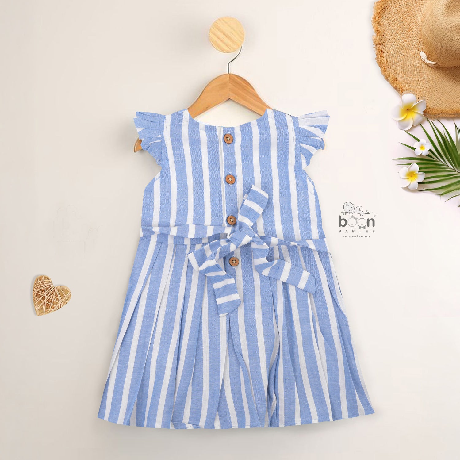 Cool blue & white striped cotton frock with cap sleeves for 6M–5Y girls. Lightweight, breathable, and perfect for sunny days!