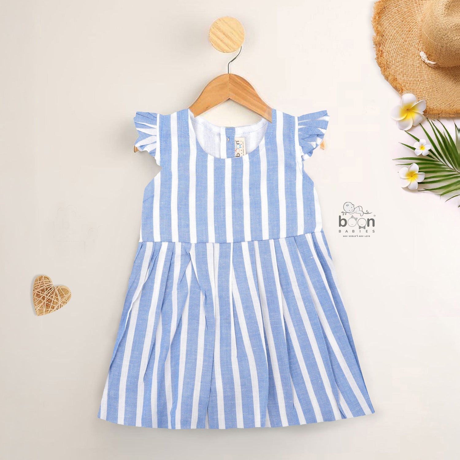 Cool blue & white striped cotton frock with cap sleeves for 6M–5Y girls. Lightweight, breathable, and perfect for sunny days!