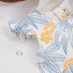 White cotton frock with soft floral prints in blue & yellow. Comfy cap sleeves, perfect for 6M to 5Y girls.