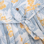 White cotton frock with soft floral prints in blue & yellow. Comfy cap sleeves, perfect for 6M to 5Y girls.
