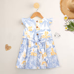 White cotton frock with soft floral prints in blue & yellow. Comfy cap sleeves, perfect for 6M to 5Y girls.