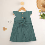 Minimalist bottle green frock in soft cotton. Cap sleeves. Sizes 6M to 5Y. Perfect for play or outings.
