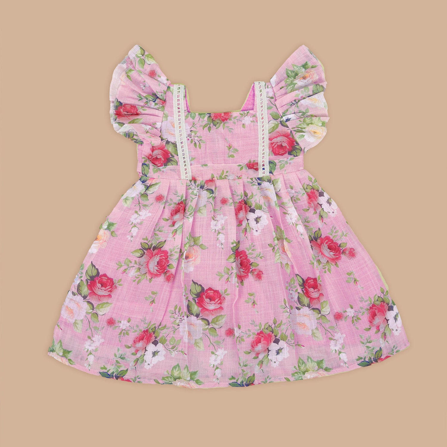 Chic Pink Floral Printed Linen Frock for Girls with Ruffled Frill
