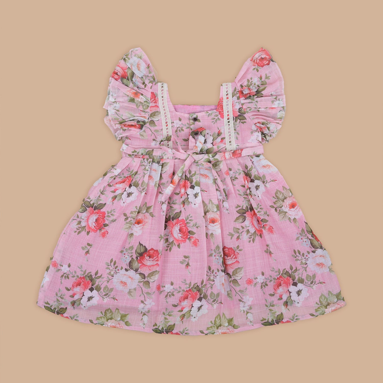 Chic Pink Floral Printed Linen Frock for Girls with Ruffled Frill