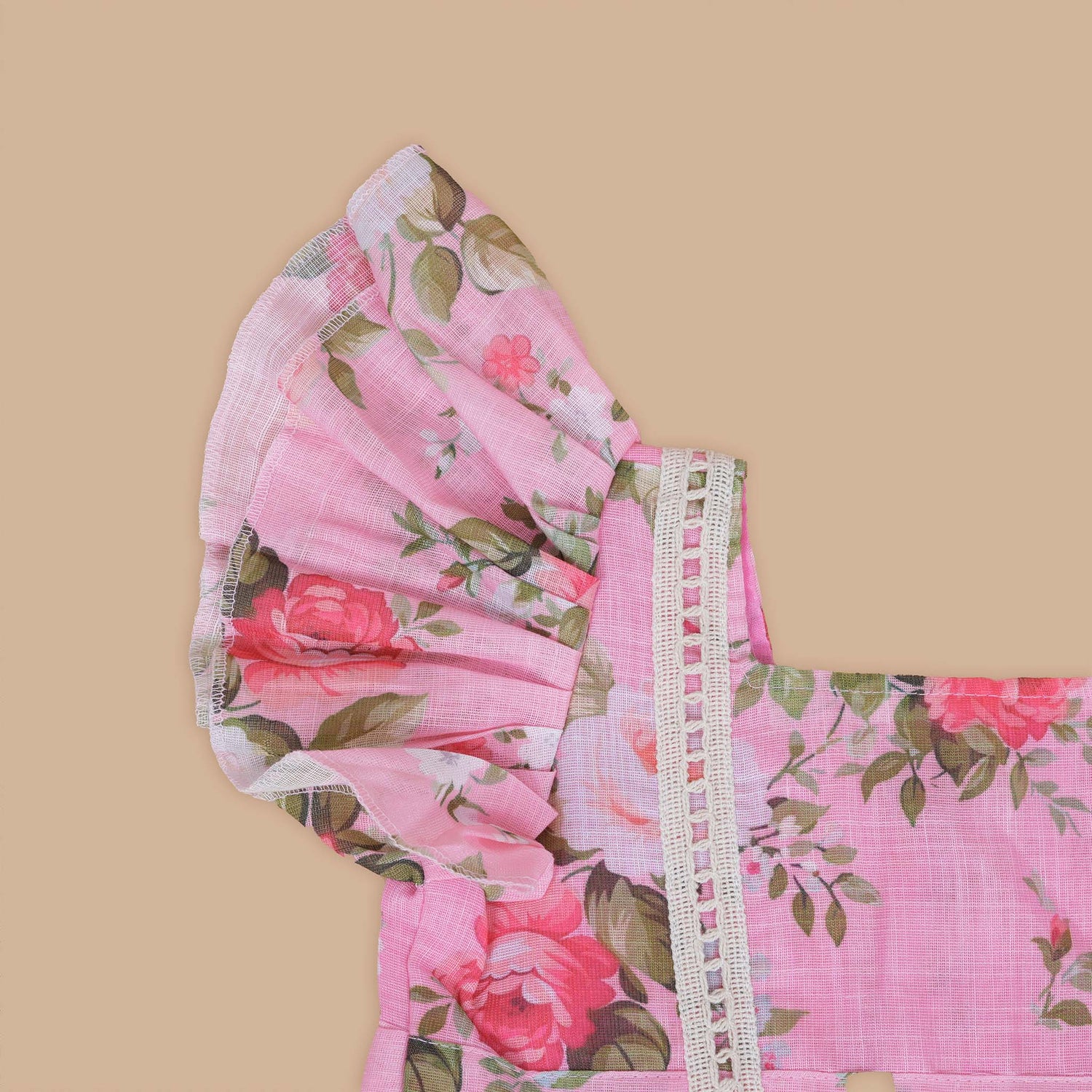 Chic Pink Floral Printed Linen Frock for Girls with Ruffled Frill