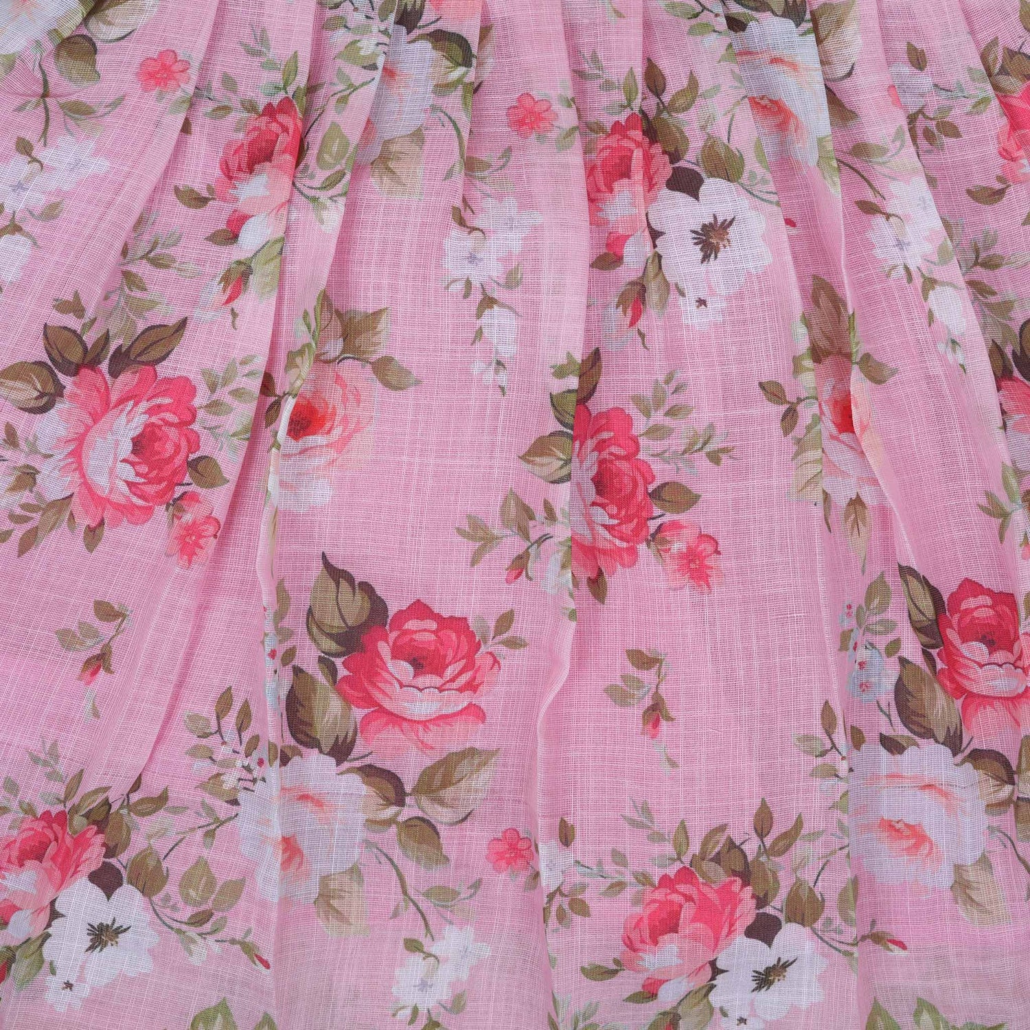 Chic Pink Floral Printed Linen Frock for Girls with Ruffled Frill