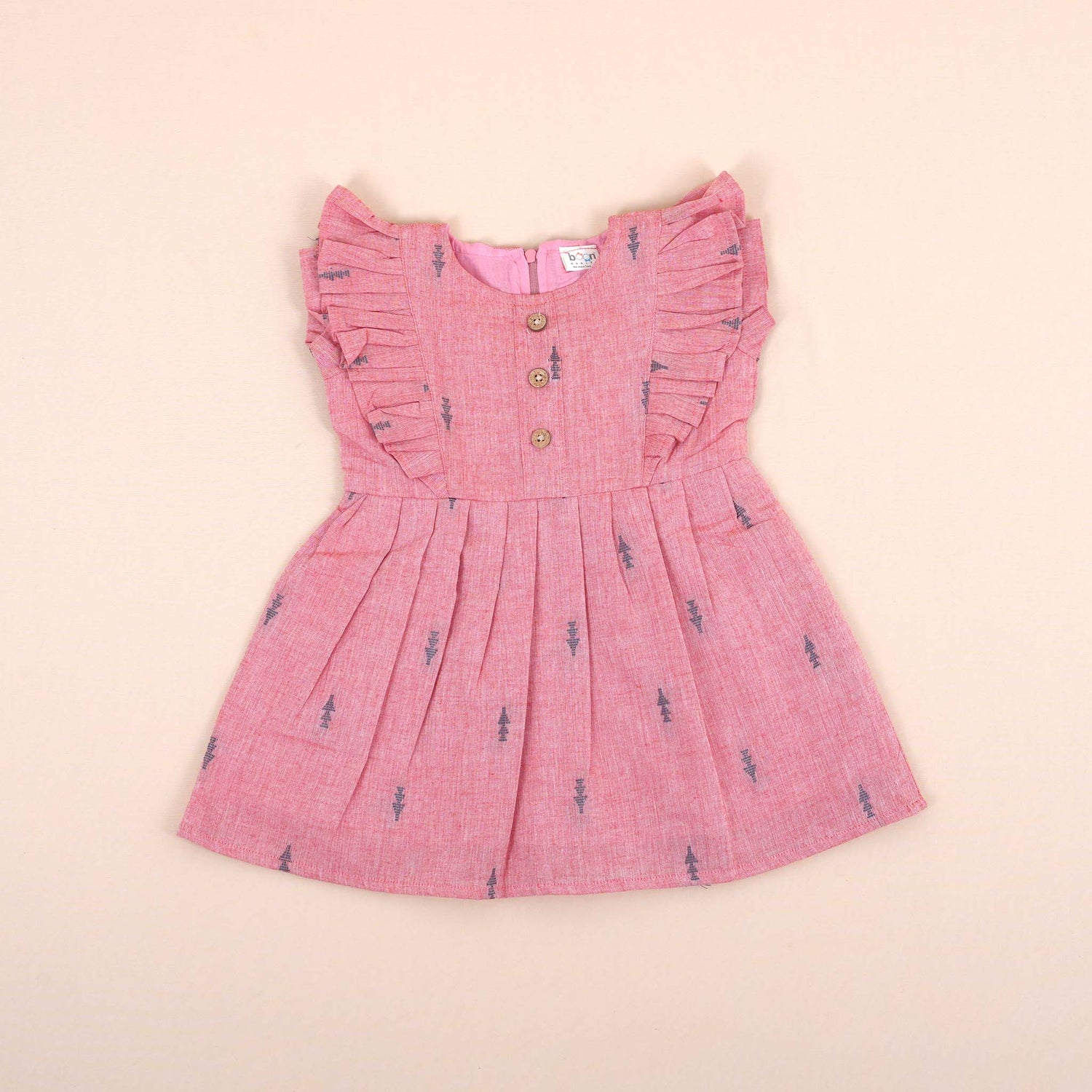Dusty Pink Girls Printed Frock with Ruffle Sleeves and Wooden Buttons