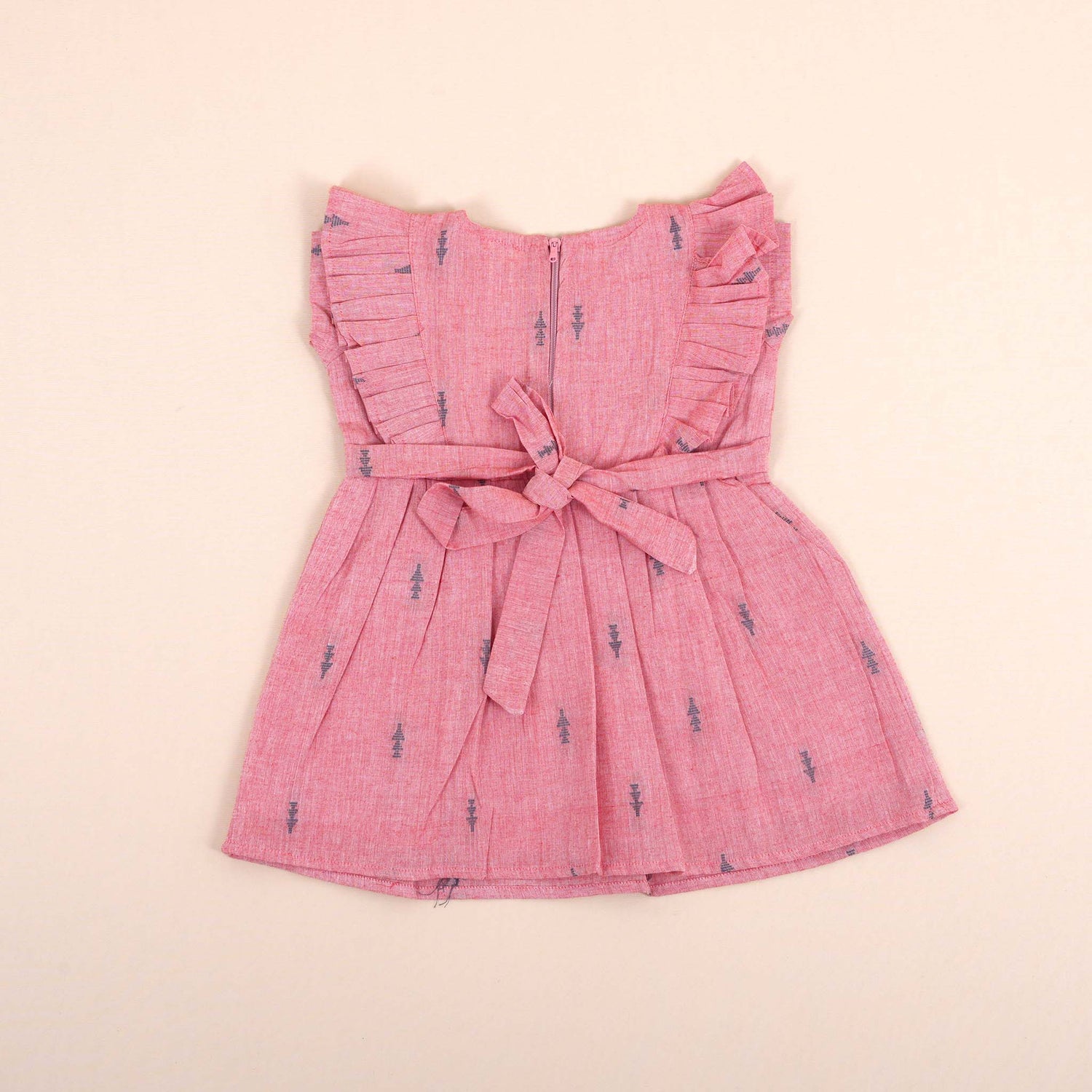 Dusty Pink Girls Printed Frock with Ruffle Sleeves and Wooden Buttons