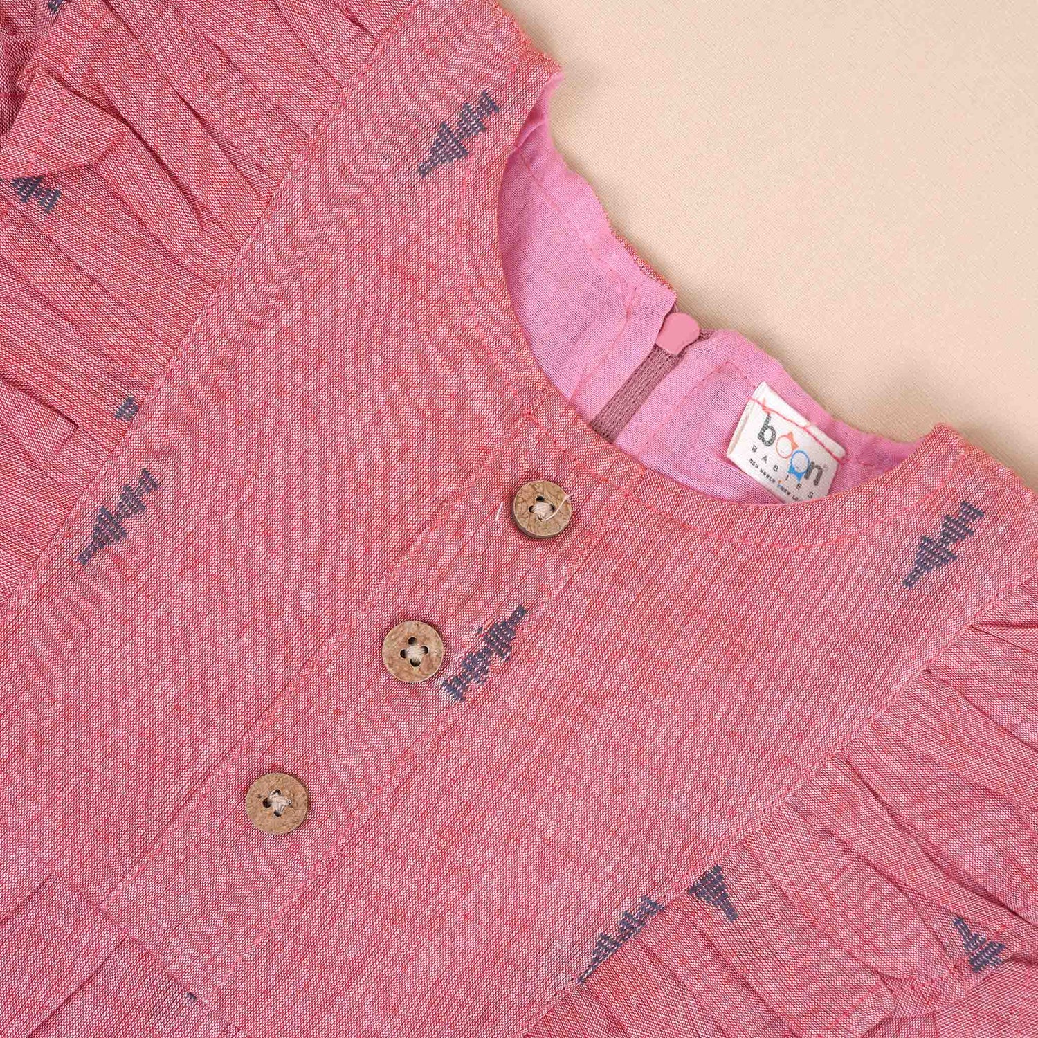 Dusty Pink Girls Printed Frock with Ruffle Sleeves and Wooden Buttons