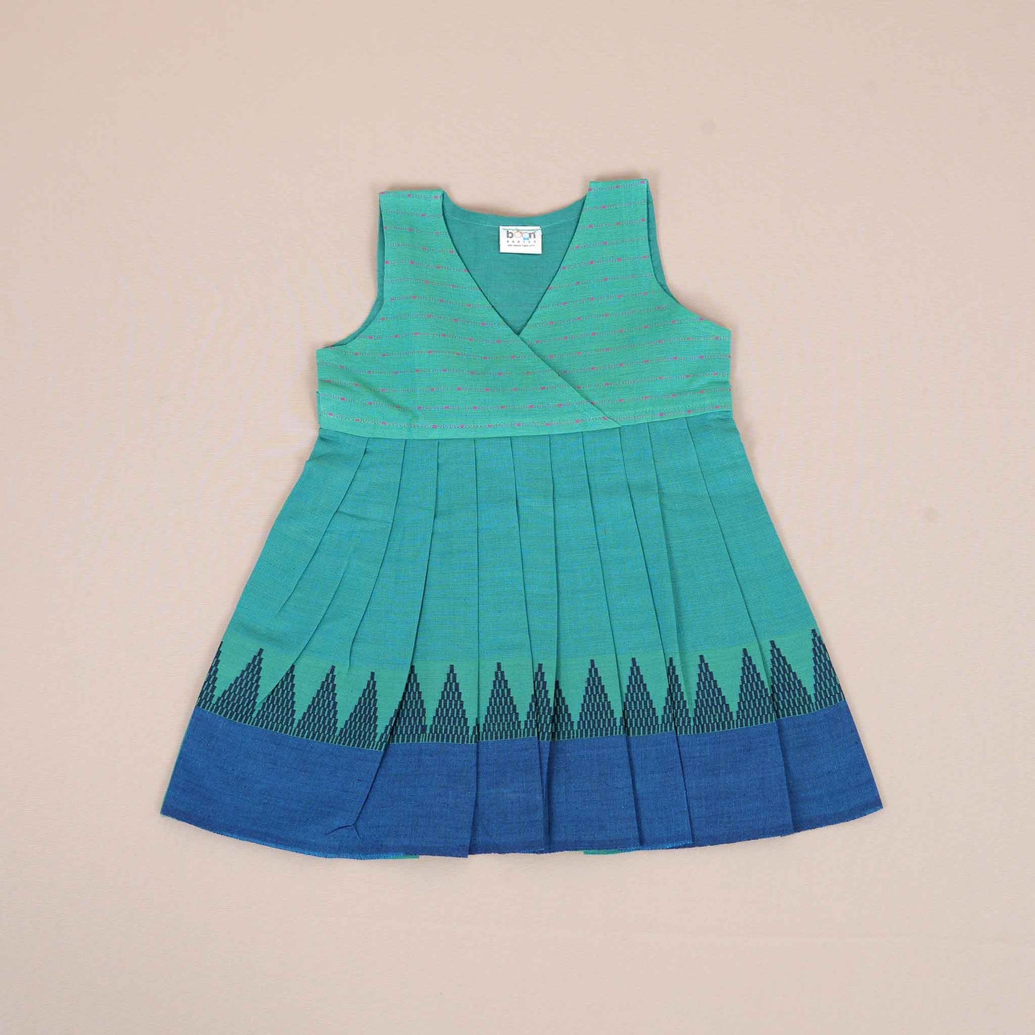 Green & Blue Cotton Frock for Girls – Ethnic Pleated Dress