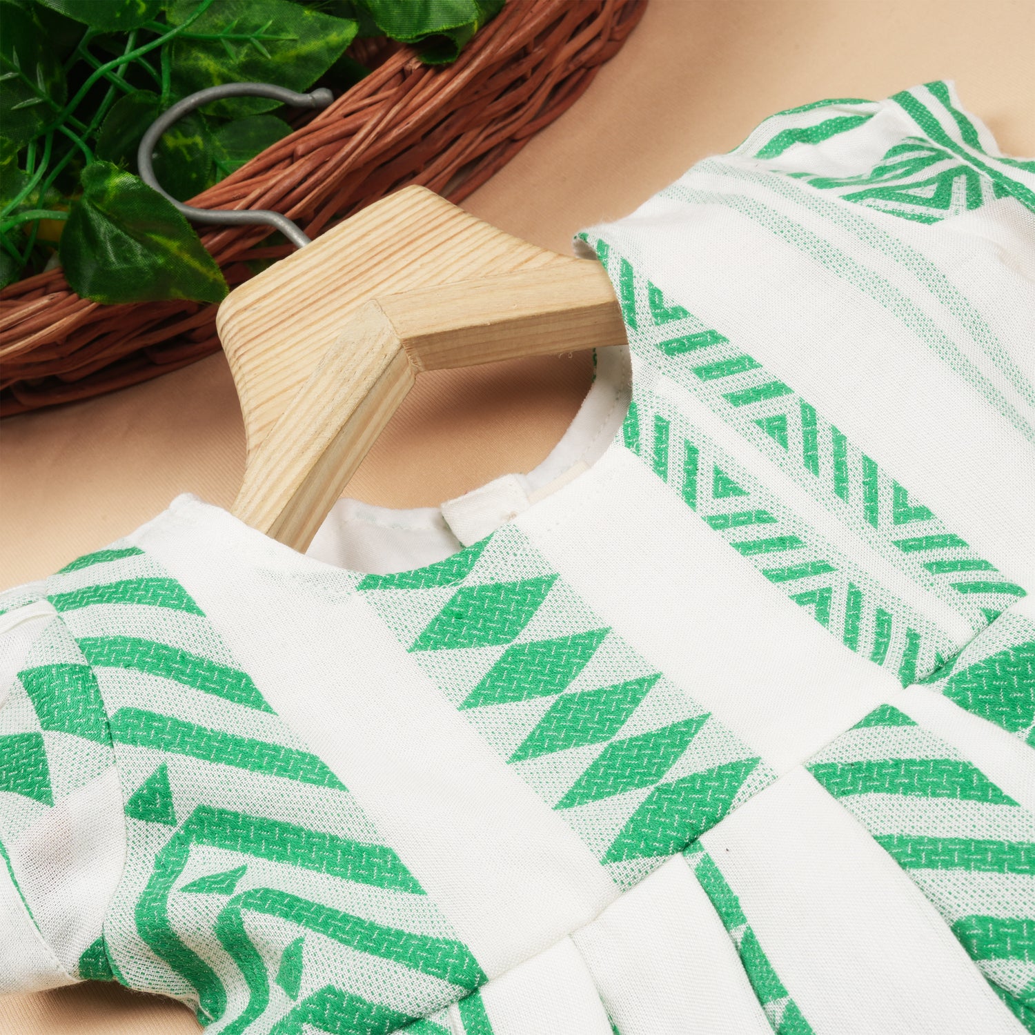 Girls Stylish Casual Wear Frock – Green Woven Stripe Design