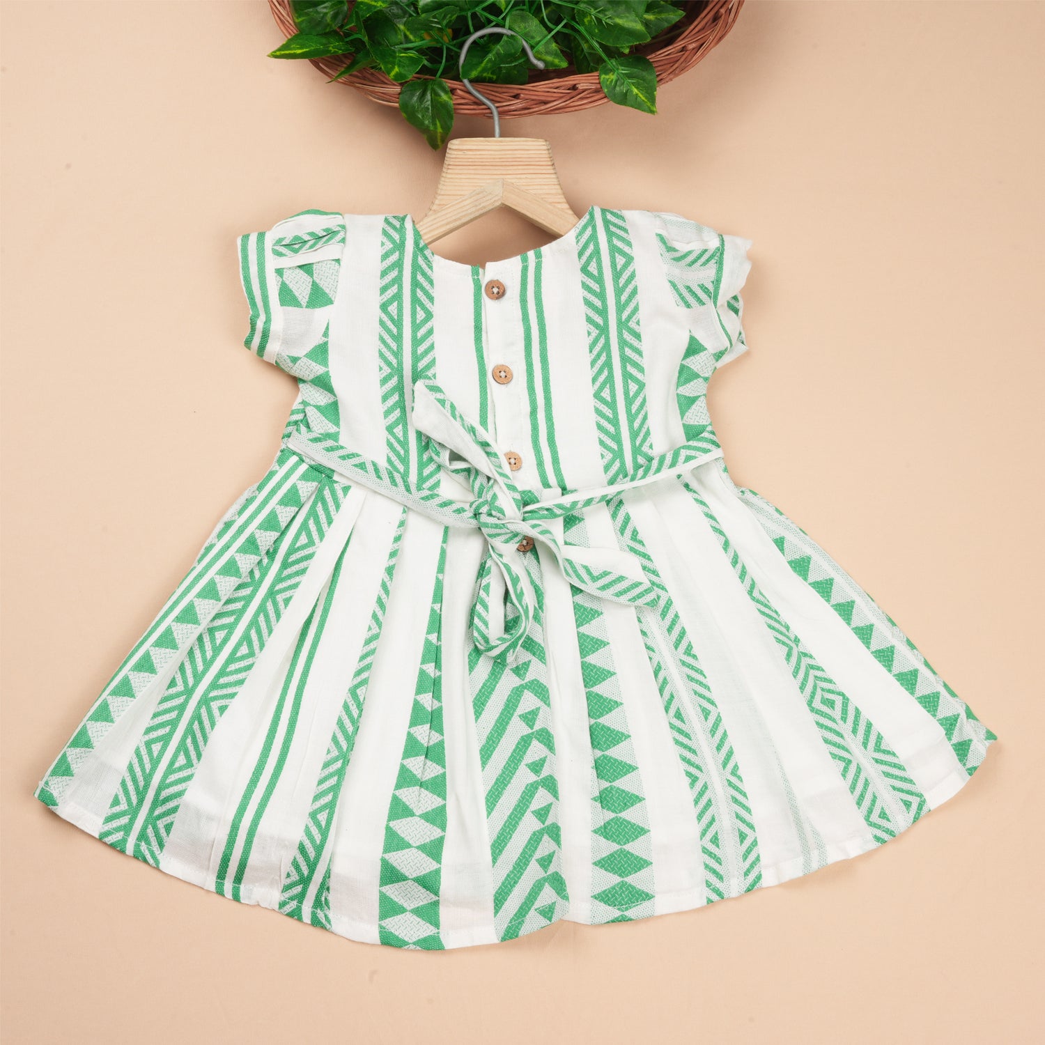 Girls Stylish Casual Wear Frock – Green Woven Stripe Design