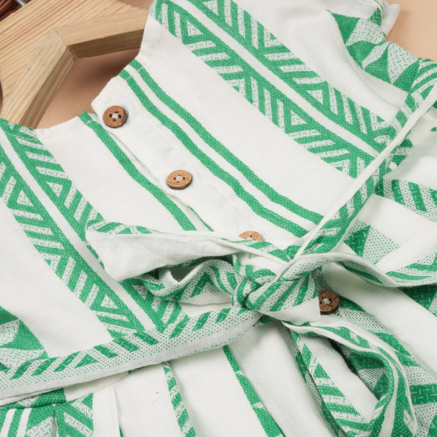 Girls Stylish Casual Wear Frock – Green Woven Stripe Design