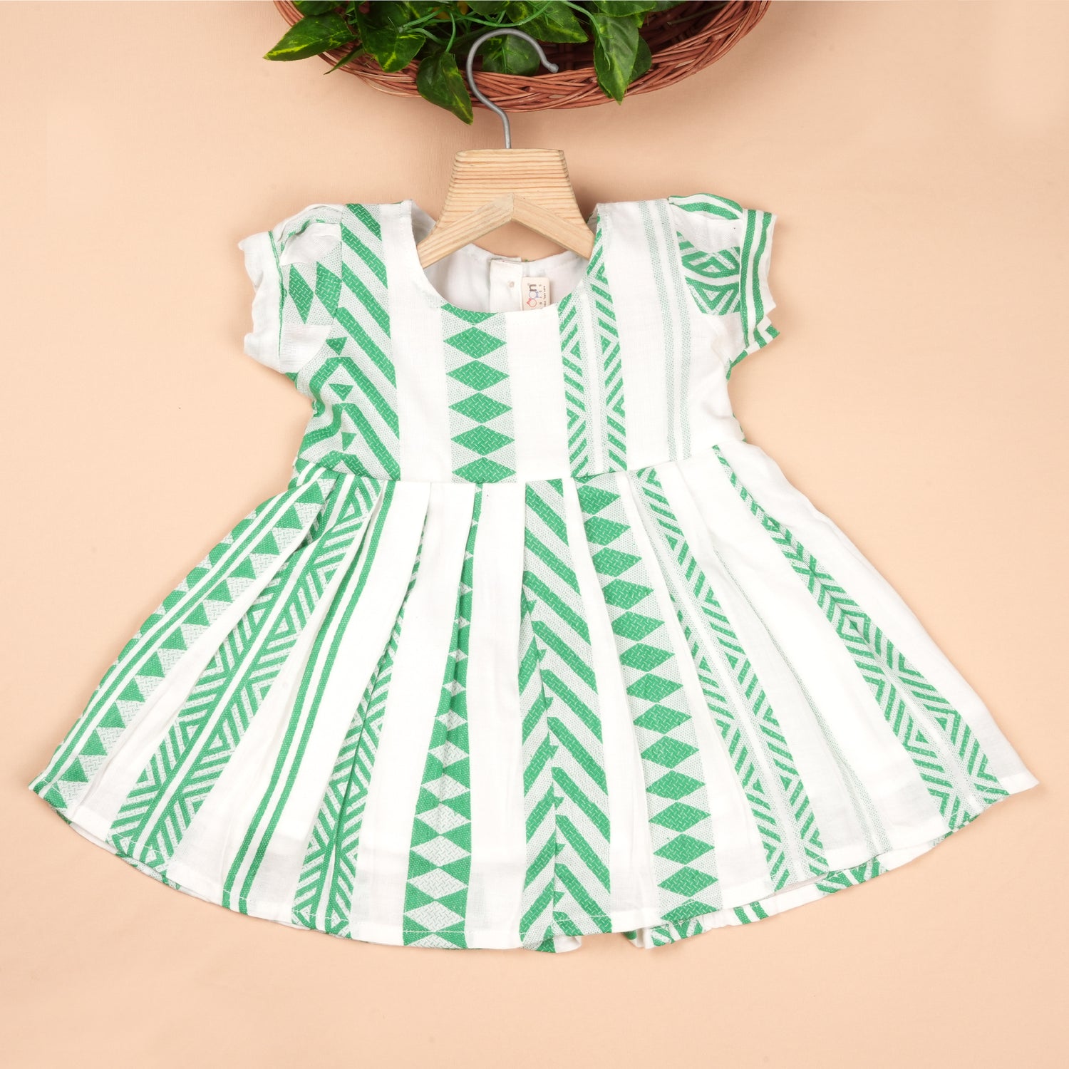 Girls Stylish Casual Wear Frock – Green Woven Stripe Design