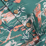 Green cotton frock with tropical island print and cap sleeves for baby girls aged 6 months to 5 years – Boon Babies kidswear collection from Coimbatore.
